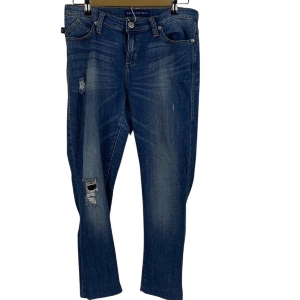 Rock & Republic Mens Distressed Slim Fit Blue Denim Jeans Medium Wash